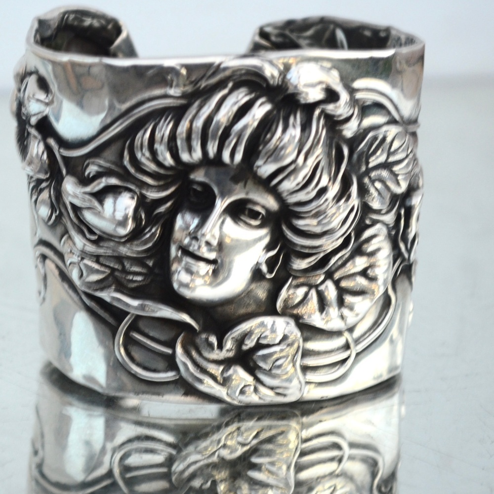 Antique Art Nouveau Sterling Silver Cuff 925 Wide Lady Face Gibson Girl Floral - Picture 4 of 8